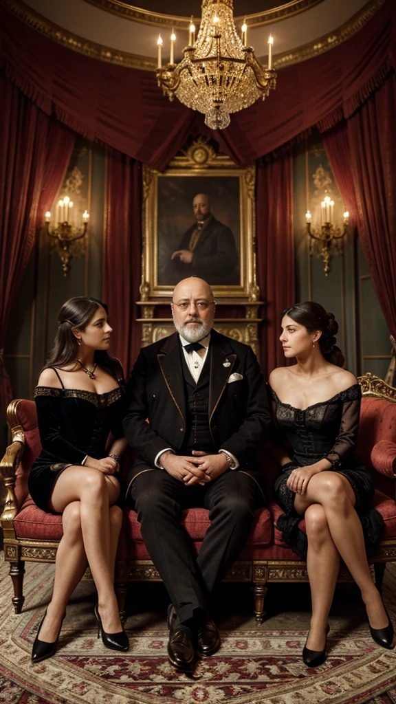 King edward VII of england sits with two woman by his side, The room is filled with luxurious Victorian decor, such as velvet chairs, intricate rugs, and ornate lamps. The king and the women are engaged in relaxed conversation, creating a sense of closeness and comfort within an opulent setting. Masterpiece, HD, UHD, Perfect and detailed eyes and face