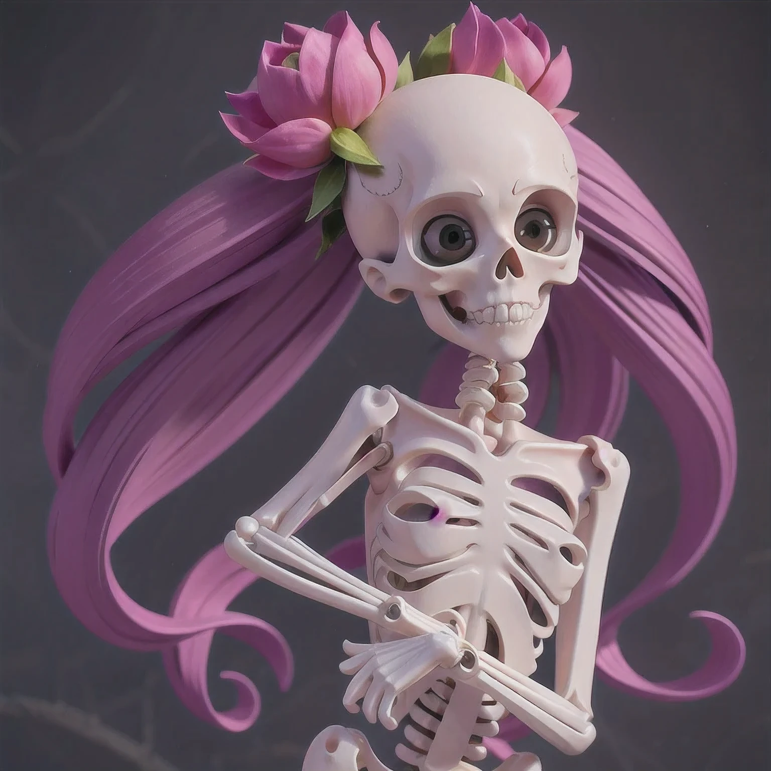 skeleton with flower in hair standing against grey background, anatomically correct skeleton, skeleton girl, skeleton, skelleton, skeletal, half woman half skeleton, anatomically accurate skeleton, thin skeleton, skull bones flowers, fleshy skeletal, titanium skeleton, cute skeleton, fleshy skeletal body, flowers grow from the body, human skeleton, female death, highly detailed skeleton