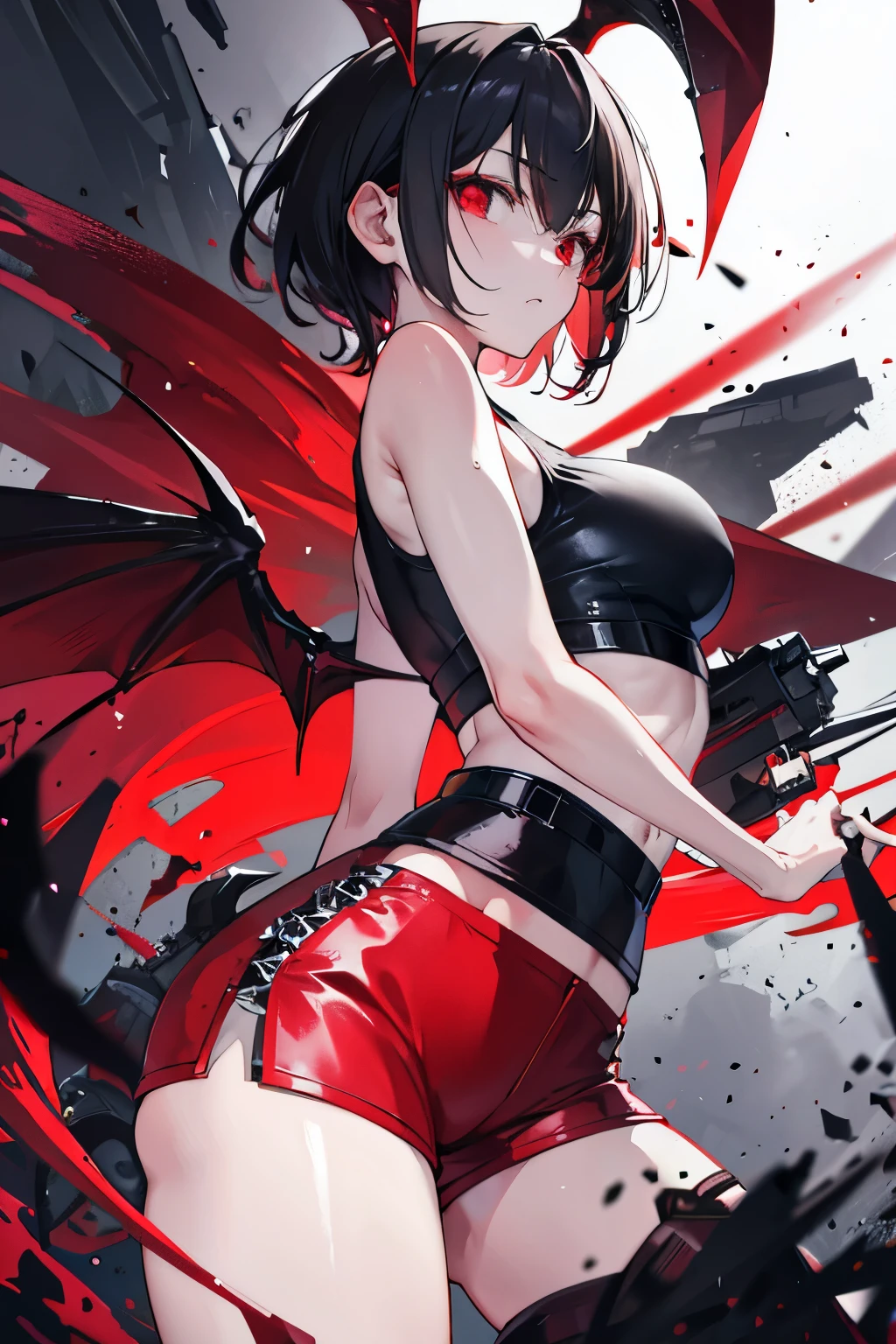underdressing，indifferent，Red Eyes，Sweat，Soaked，liquid，transparent，Expression of disgust，Back，Cropped tops，Leather Shorts，succubus