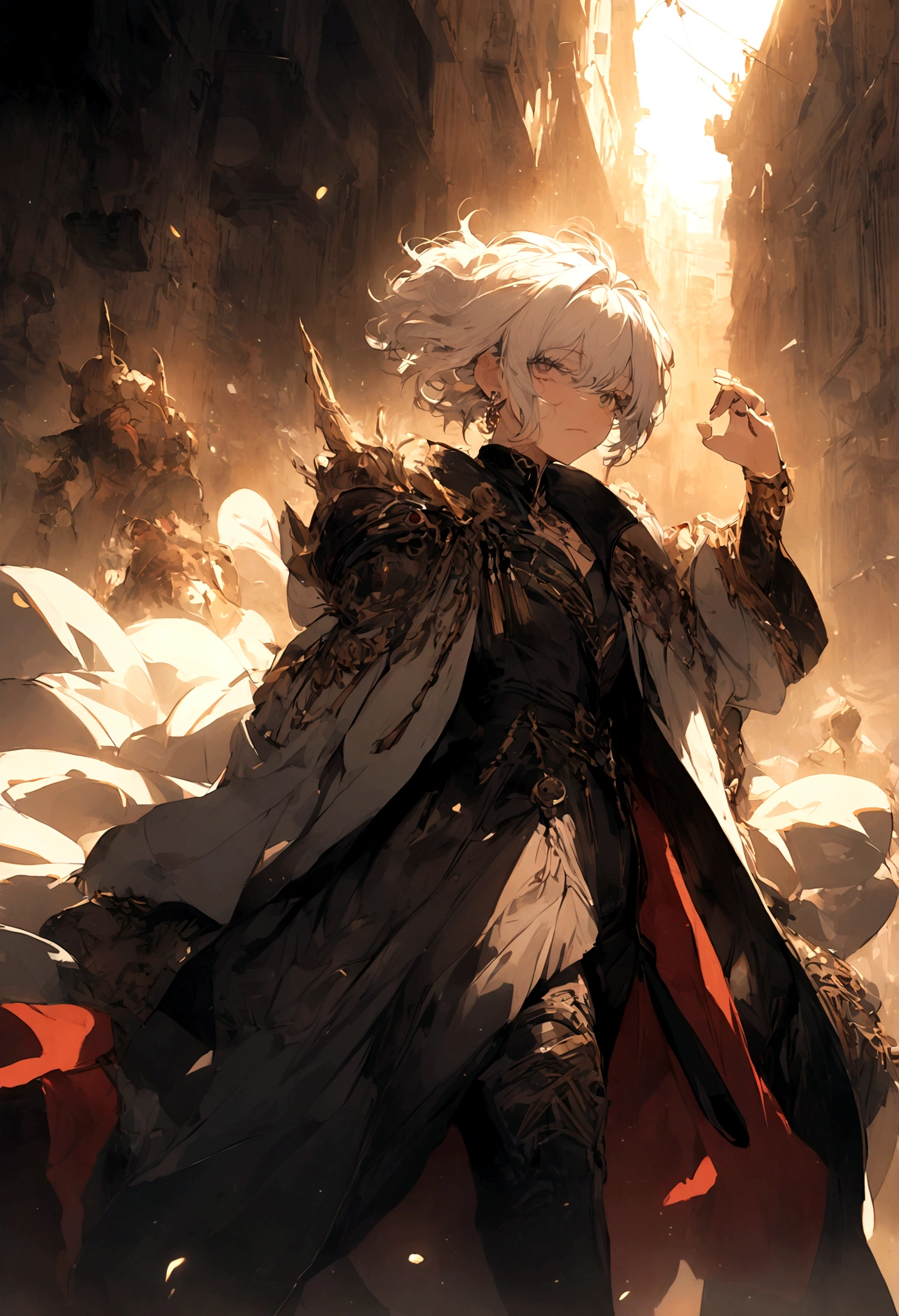 masterpiece, best quality, high resolution, real、Solitary,Stretch out your hands,((Ulzan)),((bad boy)),Sexy look,I can see the whole body,((Whether the entire body is within the frame?)),((male)),((coat)),(earrings),((Sexy eyes)),((Gundam in the background)),((gesture)),(Lens 70mm),((Perfect hands)),((white hair))、Jungkook