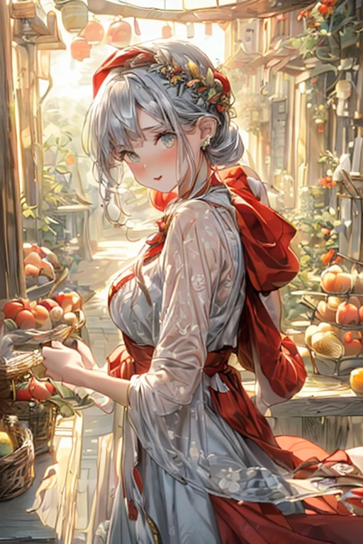 (ukiyoe painting:1.3),(3D Animation:1.3),(Fantasy style costumes),(Grimm fairy tale world),(Little Red Riding Hood,Little Red Riding Hood,red riding hood:1.3),(farmhouse entrance:1.3),(red little red riding hood:1.3),(((Red Tunic:1.3))),(((apples and bread in the basket),Cute and beautiful girl,Cute round face,Cute smile,with blush cheeks,Red Lip,(silver white hair,Floral braided headband,half up、Floral Braided Space Van,Voluminous Fishtail Braids,Twisted chignon,),(Bangs are see-through bangs),hair pin,hair adornments,detailed clothes features,Detailed hair features,detailed facial features,(Dynamic angles),(Dynamic and sexy poses),clothes that emphasize big breasts,Cinematic Light,(masutepiece,top-quality,Ultra-high resolution output image,depth of fields,intricate detailes,Make the subject look three-dimensional with the contrast of light and shadow,) ,(The 8k quality,Anatomically accurate facial structure,),(Sea Art 2 Mode:1.3),(Image Mode Ultra HD,) 
