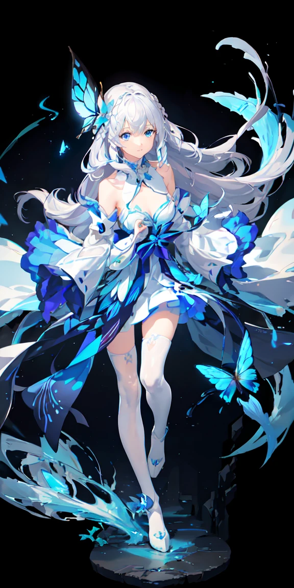 (Top view),Dynamic Angle,Super detailed, illustration, Close, straight on, 1 Girl, (Fantasy:1.4), (Blue eyes:1.233),Her eyes shone like Dreamy stars,(Eye glow:1.233),(Beautiful and detailed eyes:1.1),(Silver hair:1.14),(Messy hair,Very long hair,French Braid,Hair between the eyes,Side lock), (+(bule hair flower:1.14)),(Chiffon dress,Boolean flower pattern)/=(military uniform:1.24),(Detached sleeves,Wide sleeves),(Fingerless gloves),necklace,(miko thighhighs),high-heel boots,(expressionless,Closed mouth),(Standing naked), (classical Princess boudoir with dressing tableand french windowin a white ancient palaces),(White flowers,bloom),(deep sea),(Flowing water),(a dull blue world tree:1.14),(ruins),(Night after night:1.2),Dreamy,Soul,(Fluorescence),(Flying translucent blue butterfly:1.15), [[Delicate fingers and hands:0.55]::0.85],(Detail fingers),(yubao:0.5),