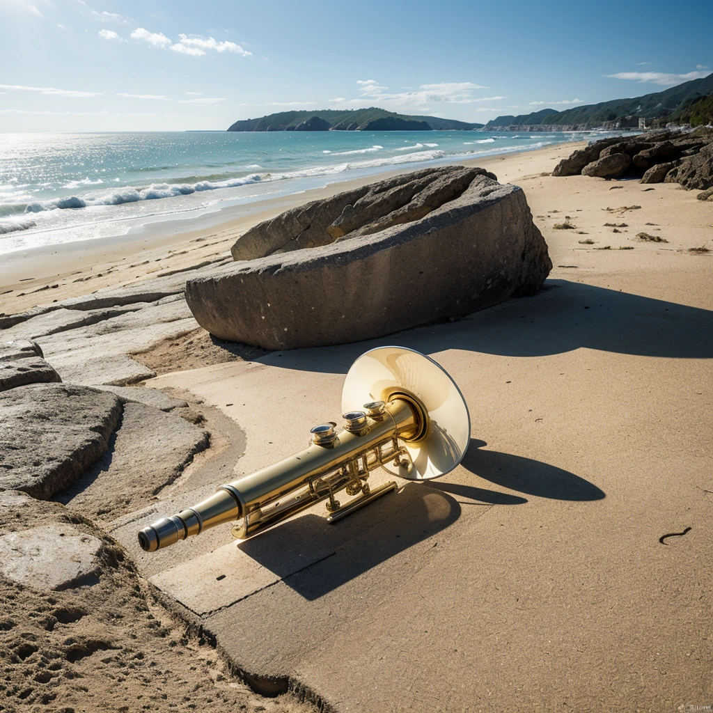 (masterpiece, top quality, best quality, official art, beautiful), At the beach, a trumpet on the ground