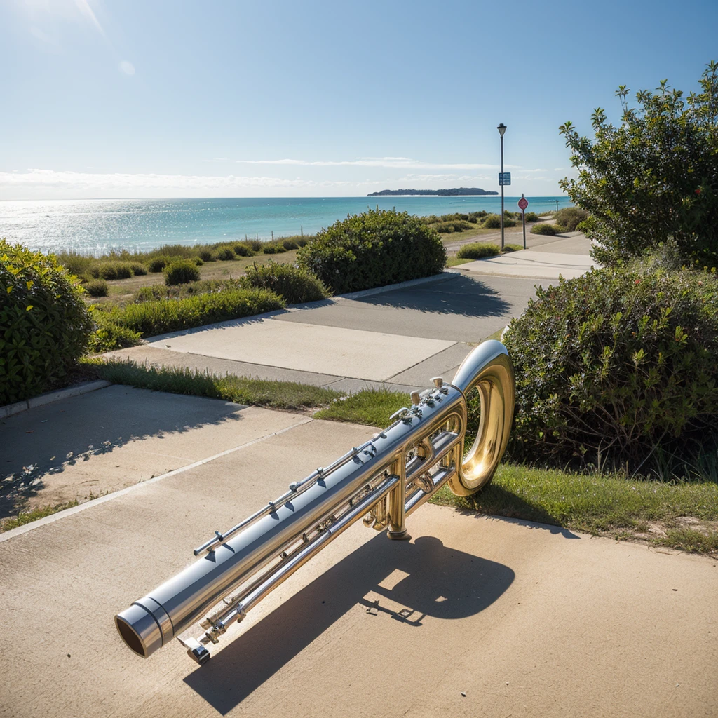 (masterpiece, top quality, best quality, official art, beautiful), At the beach, a trumpet on the ground