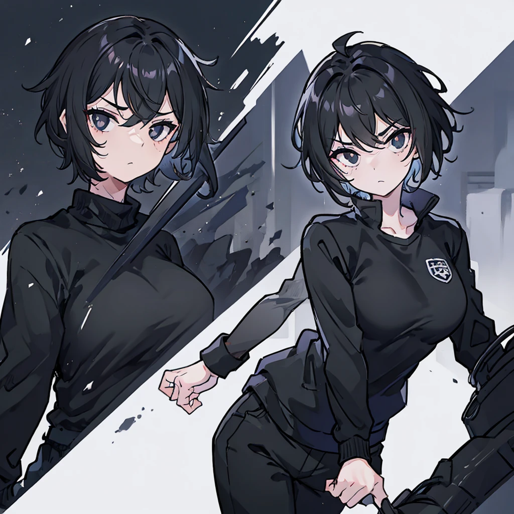 Female, black short hair, Indifferent eyes, messy hair, black Jacket The arms are folded down to the elbows, black pants, Wear a white t-shirt, alone, cold face, at night, black eyes, normal person, stand still, Put on a watch, 