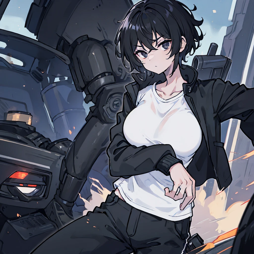 Female, black short hair, Indifferent eyes, messy hair, black Jacket The arms are folded down to the elbows, black pants, Wear a white t-shirt, alone, cold face, at night, black eyes, normal person, stand still, Put on a watch,