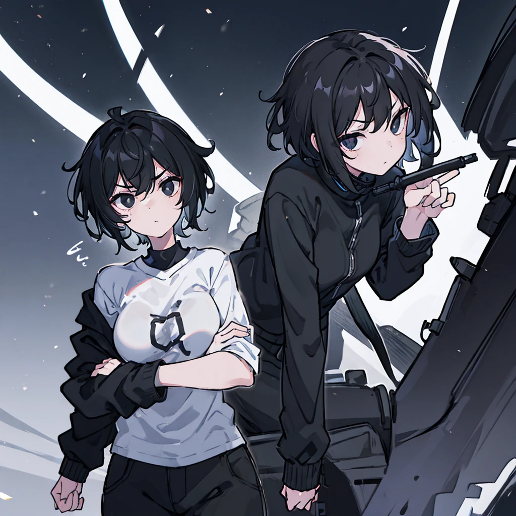 Female, black short hair, Indifferent eyes, messy hair, black Jacket The arms are folded down to the elbows, black pants, Wear a white t-shirt, alone, cold face, at night, black eyes, normal person, stand still, Put on a watch, 