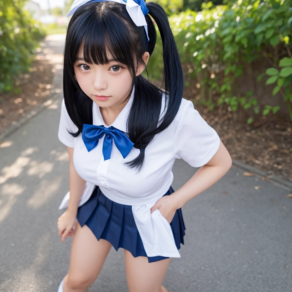 excellent work、HD analysis、Highest level of image quality、16K、reality、1 girl、student、18 years old、Youthful、student、Japanese-style、White sailor suit、Red bow tie at neckline、(Soft saturation:1.3)、(Light skin tone:1.2)、Full body facing the camera、18mm lens、F/8.0 aperture、Character Close-up、Black hair、black twin-tails hair、Straight Hair、Blue hair ribbon、Blue pleated skirt、(extremely huge breasts:3.0)、Show your legs、Smooth legs