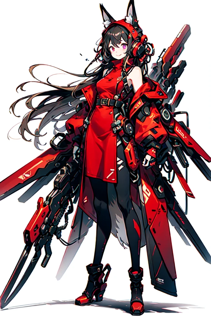 Fox Ears, Mecha, mechanical, Bushy tail,, ultra detailed, masterpiece, Highest quality, beautiful, detailed,, alone, A proud smile, One girl, Purple eyes, Red frame glasses, (Black Hair, Red color tip:1.2), Red striped hair, Very long hair, Side Ponytail, Tied Hair, Medium chest,, Dataset, Jacket on shoulders, Coat on shoulders, Red dress, Rolled up my sleeves, Fingerless gloves, holster, belt, multiple belts, Combat Boots, Bulletproof vest, pants, Black coat, Tactical clothing,
