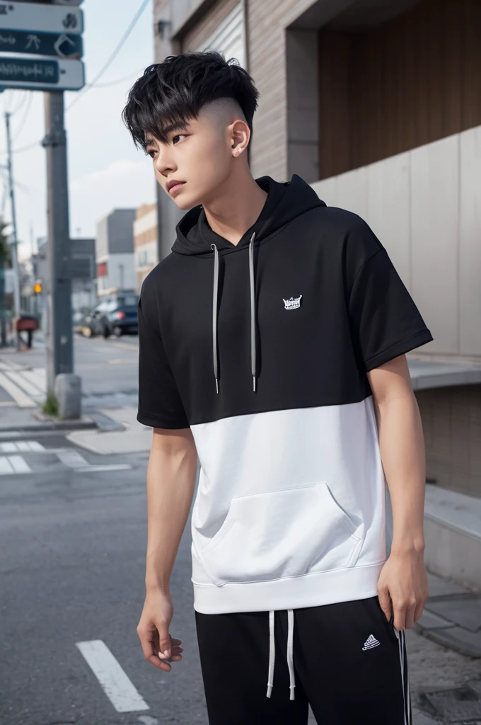 Short sleeve hoodie, black pants, wolf cut water hair, young man