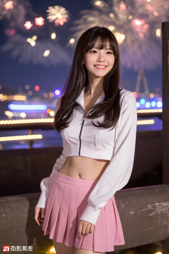 Image resolution 8K、masterpiece:1.3、cute、1 girl、(魅力的なBody Type:1.2)、abdomen:1.1、Dark brown hairstyle:1.1、(Body Type:1)、Ultra-detailed face、Attractive lips、double eyelid、Ultra-realistic and detailed Japanese school girl in a white short-sleeved zippered sailor suit and pink skirt、日本人のcute女の子、10th Generation、　(18-year-old)、Night view and large fireworks in the background、Breast Size: 82cm、Smiling with a nice smile、color々Hair style、Hair blowing in the wind、Beautiful breasts、The belly button is visible、