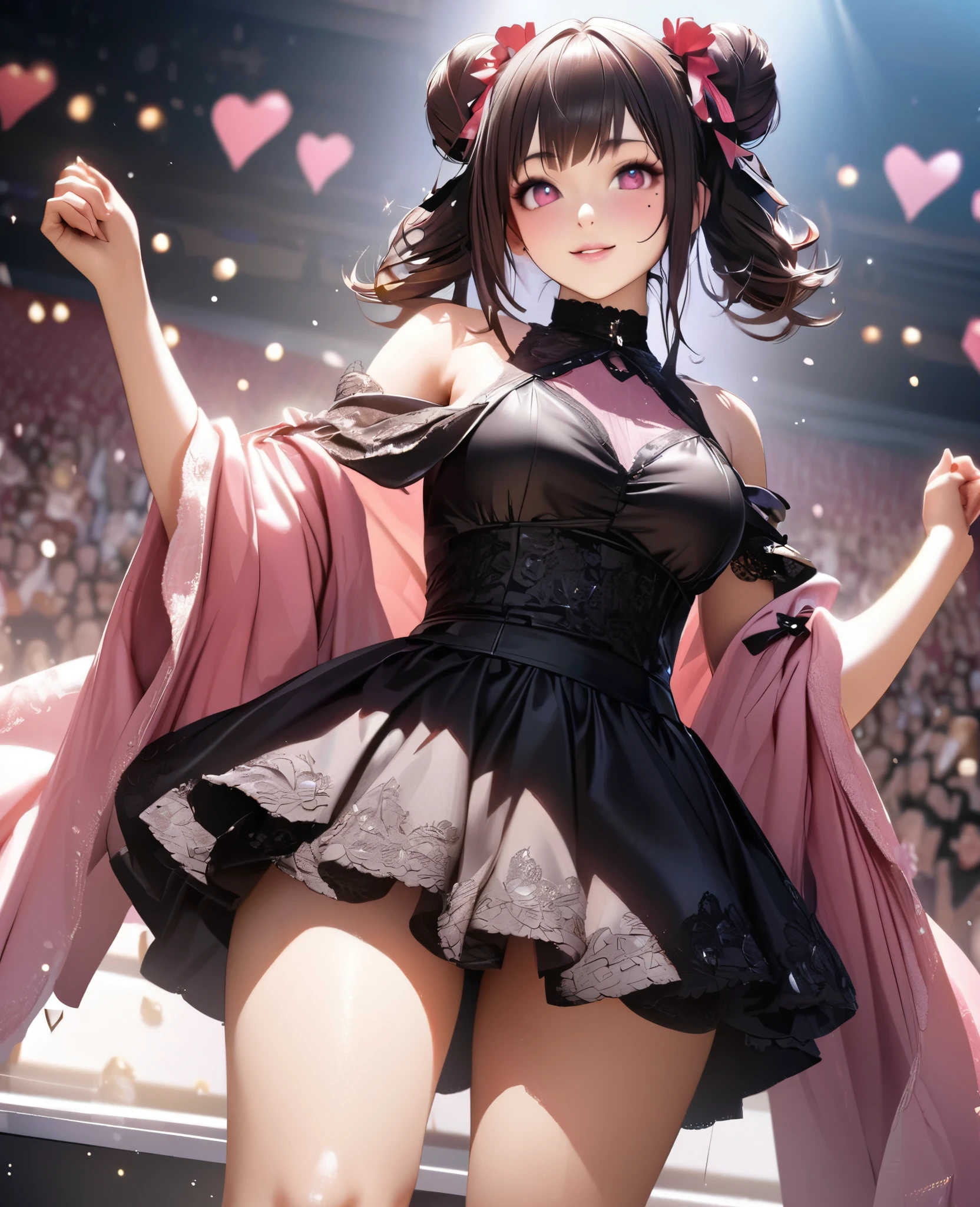 One Girl、Looking at the audience、
Beautiful pink eyes、Two brown double hair buns , Mole under the eye、Plump and glossy lips、Heart-shaped choca、Idol、Her name is Rico,smile、ー、。.。.。.。.。.。.。.。.。.。.。.。.。.。.。.。.。.。.3D、Realistic、
off shoulder dress, Drape clothes、gem、The decoration has been removed、Floral、Lace trim,On a glittering stage、
masterpiece、highest quality、8k、Detailed skin texture、Detailed cloth texture、Beautifully detailed face、Intricate details、Very detailed、
超A high resolution、8k Ultra HD、Film Grain、Best Shadow、delicate、Gazing at the audience、front