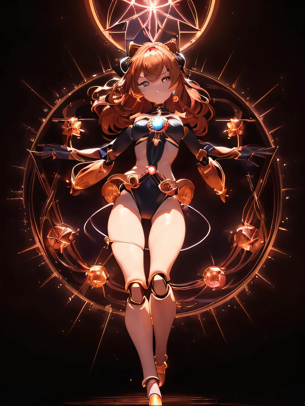 ((((Pyromancer Brilliant Beauty, Ultra High Definition))), 1girl, pose, standing, (((doll knees, doll elbows, ((doll joints:1.2, action figure limbs:1.2, segmented body))), [mechanical body], (segmented waist), (doll waist), (chestnut brown hair, wild bun:0.9)), long hair cut, pale skin, ((chestnut brown eyes)), ((glowing_eyes)), (((ultra detailed eyes:0.7, beautiful and detailed face, detailed eyes:0.9))), ((centered)), (wide shot), facing viewer, (((outdoors, moonlight, stars:0.9))), medium breasts, looking at viewer, ((half closed eyes)), ((perfect hands)), (((head:1, arms, hips in view, elbows, thighs, in view))), ((hands at sides)), lively eyes, beautiful lighting, outside, outdoors, background, ((defined subject)), 25 years old, (head tilt), (((cool))), ((lively)), (((high contrast)))