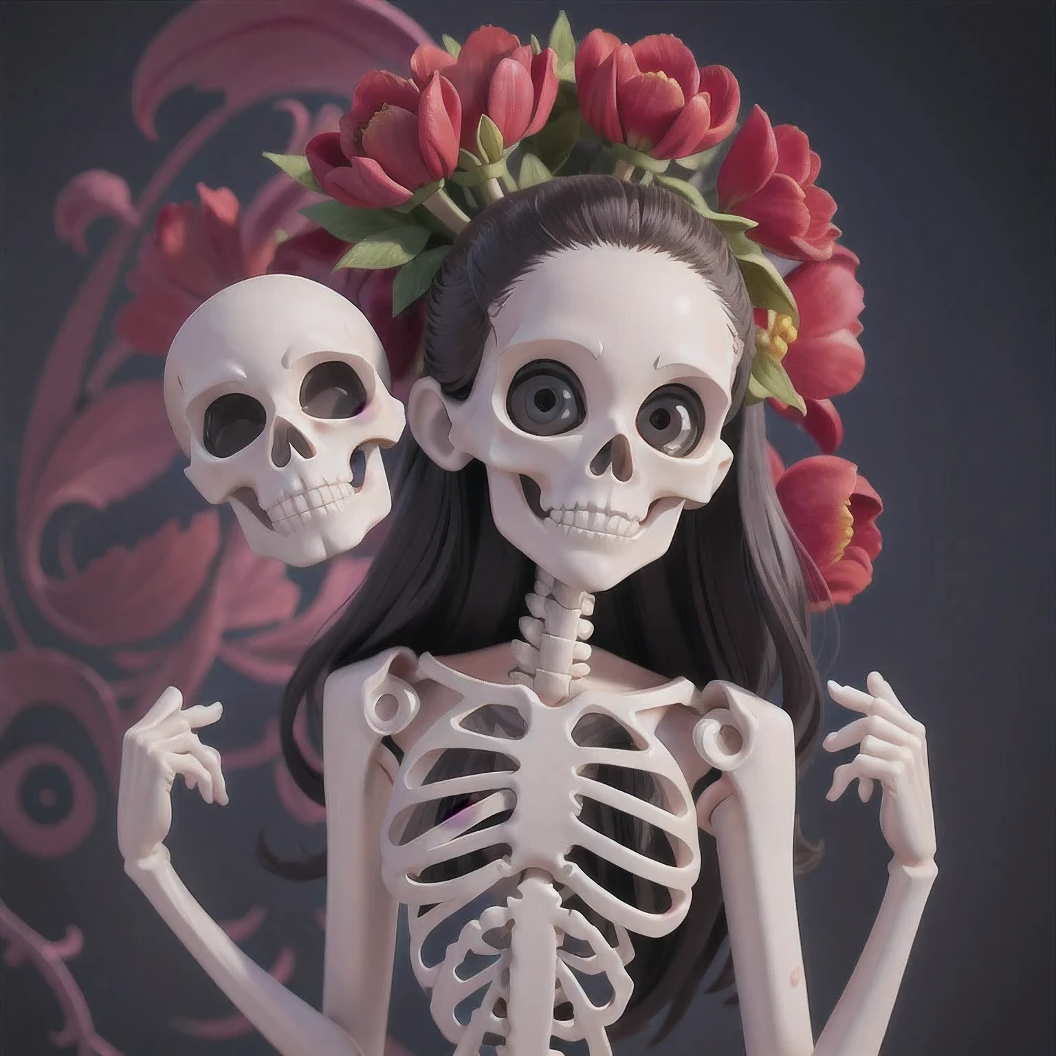 skeleton with flower in hair standing against grey background, anatomically correct skeleton, skeleton girl, skeleton, skelleton, skeletal, half woman half skeleton, anatomically accurate skeleton, thin skeleton, skull bones flowers, fleshy skeletal, titanium skeleton, cute skeleton, fleshy skeletal body, flowers grow from the body, human skeleton, female death, highly detailed skeleton