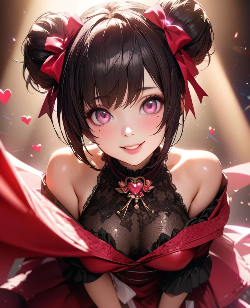 One Girl、Looking at the audience、
Beautiful pink eyes、Two brown double hair buns , Mole under the eye、Plump and glossy lips、Heart-shaped choca、Idol、Her name is Rico,smile、ー、。.。.。.。.。.。.。.。.。.。.。.。.。.。.。.。.。.。.3D、Realistic、
off shoulder dress, Drape clothes、gem、The decoration has been removed、Floral、Lace trim,On a glittering stage、
masterpiece、highest quality、8k、Detailed skin texture、Detailed cloth texture、Beautifully detailed face、Intricate details、Very detailed、
超A high resolution、8k Ultra HD、Film Grain、Best Shadow、delicate、Gazing at the audience、front