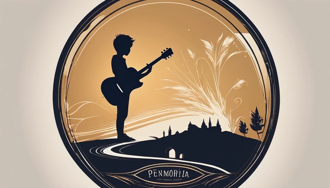 A minimal, modern, simple, cinematic logo design for the brand “Penamemoria". The logotype must be a simple,  a boy silhouette staning up playing acoustic guitar. Body of a boy playing guitar, a feather in the place of the boy´s head. The logo must convey a sense of music, stories and dreams. Logo design impressed on a book cover. Minimalistic logo of the silhouette of a human figure with no head. A simple feather as the head of the human figure
