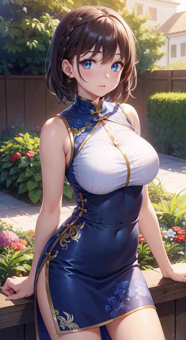 1girl, natural lighting, masterpiece, highly detailed, illustration, game CG, absurdres, high quality, glossy lips, aichan, large breasts, blue eyes, beautiful detailed eyes, short brown hair, side braid, (sleeveless short cheongsam), garden,