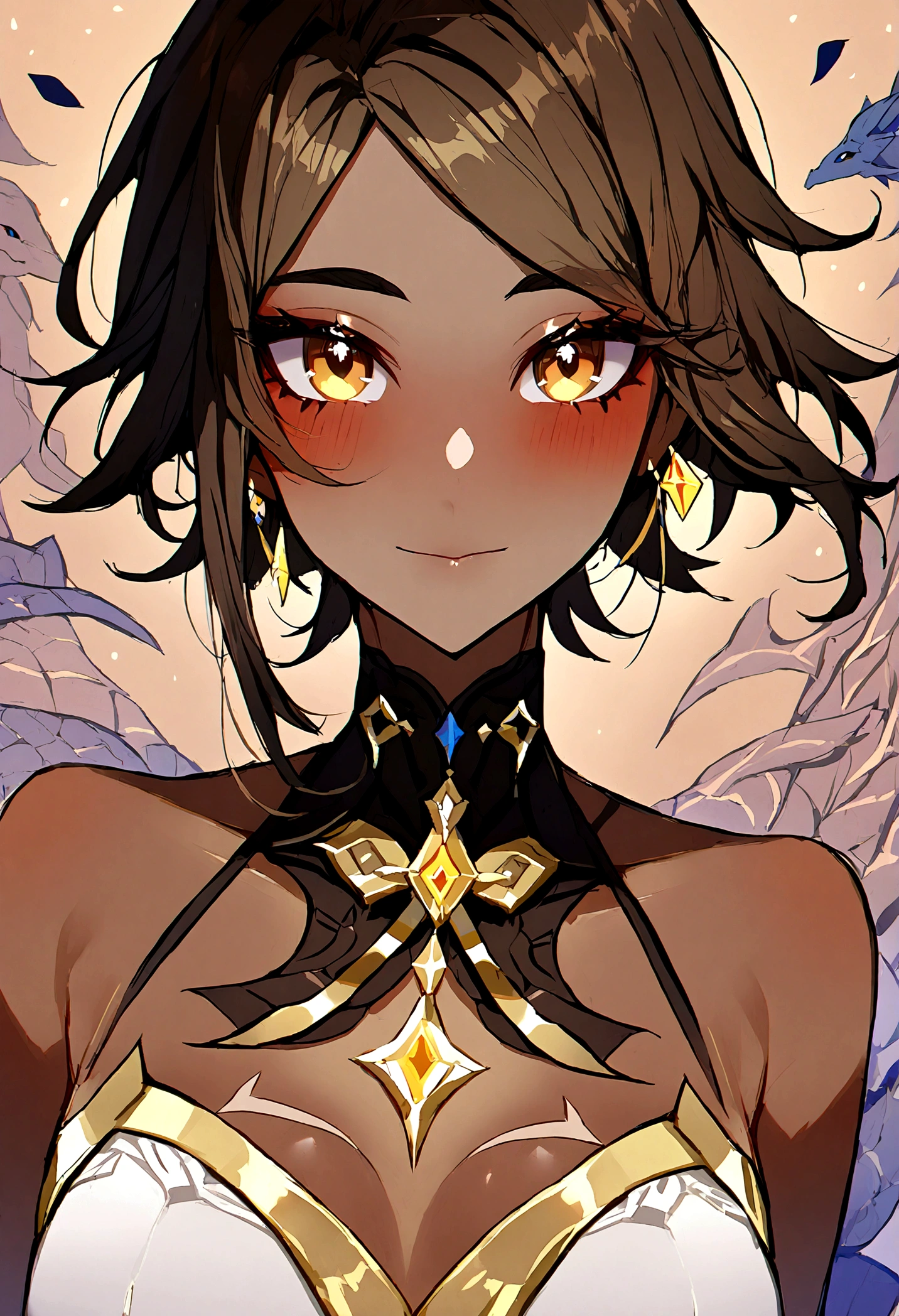 Genshin impact, natlan, pyro, dragon adeptus, brown hair, golden eyes, tan skin, Beauty, non binary , Androgynous