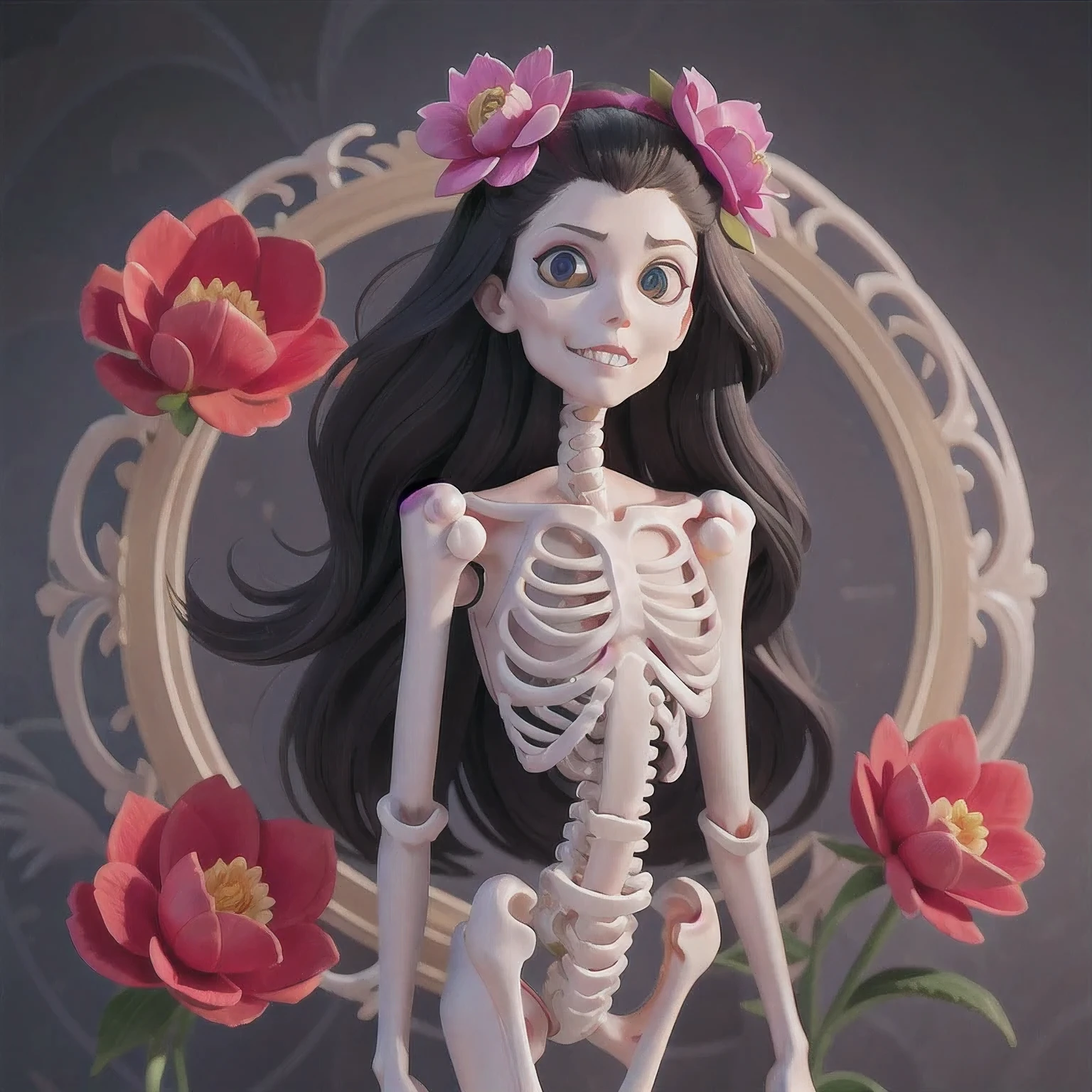 skeleton with flower in hair standing against grey background, anatomically correct skeleton, skeleton girl, skeleton, skelleton, skeletal, half woman half skeleton, anatomically accurate skeleton, thin skeleton, skull bones flowers, fleshy skeletal, titanium skeleton, cute skeleton, fleshy skeletal body, flowers grow from the body, human skeleton, female death, highly detailed skeleton