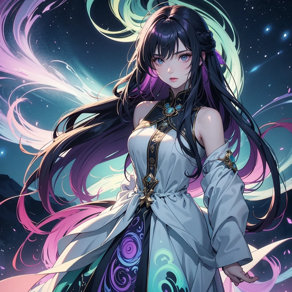 a female character with long, flowing hair that appears to be made of ethereal, swirling patterns resembling the Northern Lights or Aurora Borealis. The background is dominated by deep blues and purples, creating a mysterious and dramatic atmosphere. The character's face is serene, with pale skin and striking features. She wears a dark-colored outfit with subtle patterns. The overall style of the artwork is reminiscent of fantasy or supernatural genres