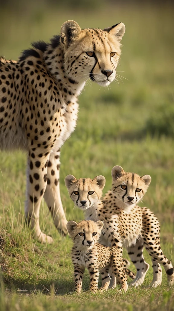 Baby cheetah and mother cheetah in the savanna