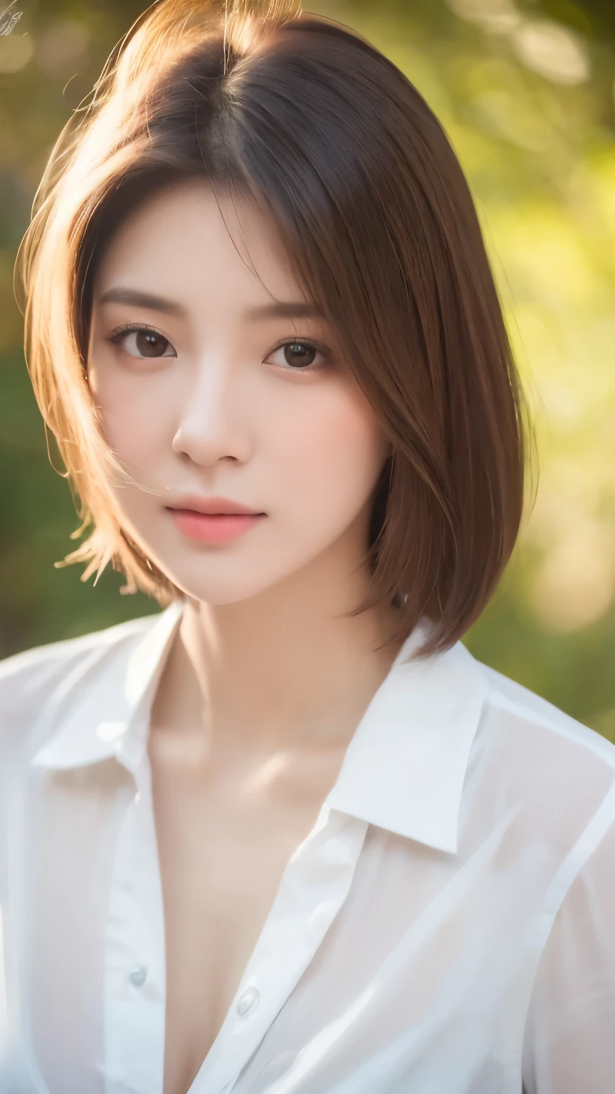 beautiful girl, slender face, Beautiful sharp eyes., short hair, model face, Beautiful makeup, beautiful long straight hair, 18 years old, Wear a white shirt that reveals the chest., big breasts, white skin, อยู่ในทุ่งflower, flower, Very high detail, 8k, realistic light, portrait, stand