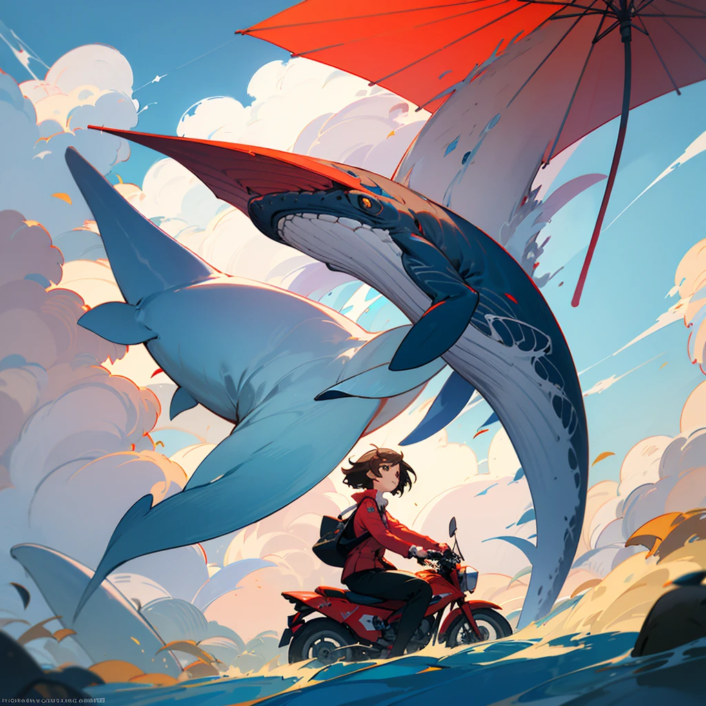 A girl riding a whale，Holding a red umbrella in his hand, Flying Whale, Shinkai Makoto, sky whales, A beautiful artwork illustration, Cyril Rolando&#39;s style，Below is the city view