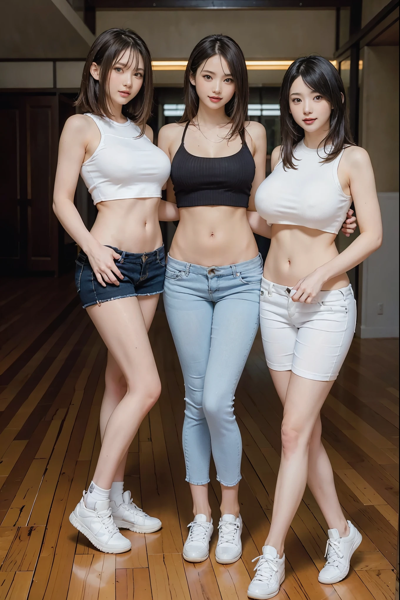 (Best Quality, Masterpiece, Photo realistic, Ultra Detailed, ultra high res, raw), (3 girls, group shot:1.3), pretty, Japanese, smile, bangs, double eyelids, (big breasts:1.3), (long hair| medium hair| short hair), (LowriseXL, LowwaistXL, groin), (cropped camisole), skinny jeans, navel, (sneaker, beautiful long legs, full body), main street, from below, (fashion model posing)
