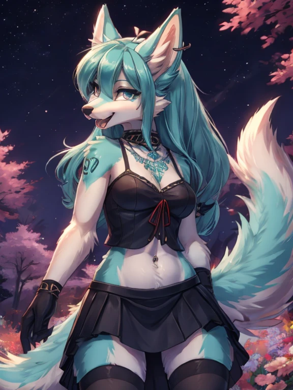 Chica anime, anime style, cute hatsune miku x suicune, shy girl , Orejas de Kitsune, arte de dark natasha, garden landscape, arte de vixen aztra, cuerpo completo, platas hermosas, cintura delgado, caderas amplias, piernas torneadas, hermosa, foto de cuerpo completo, navel blouse, black skirt, navel piercing, ear piercing, navel tattoo, timid pose, back pose, doggy style back pose, fluffly tail, sensual eyes, long hair, droling tonge, wolf fangs, very big open fangs, pleasure face