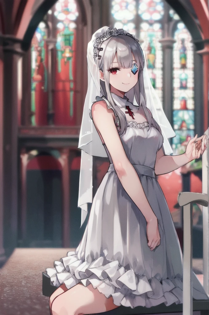 ((masterpiece))、(((Highest quality)))、((Super detailed)),Medium_chest,Red knee socks,One girl,Gray Hair,Eye patch,Cowboy Shot,Sitting,Happy,Red eyes,View your viewers,Dutch Angle,Depth of written boundary,bangs,Fascinating_smile,Both sides up,Hair Clip,Medium Hair,(((Wedding dress))),(((Veil))),(((church background))),Yamawaki Vaughn Ivar,