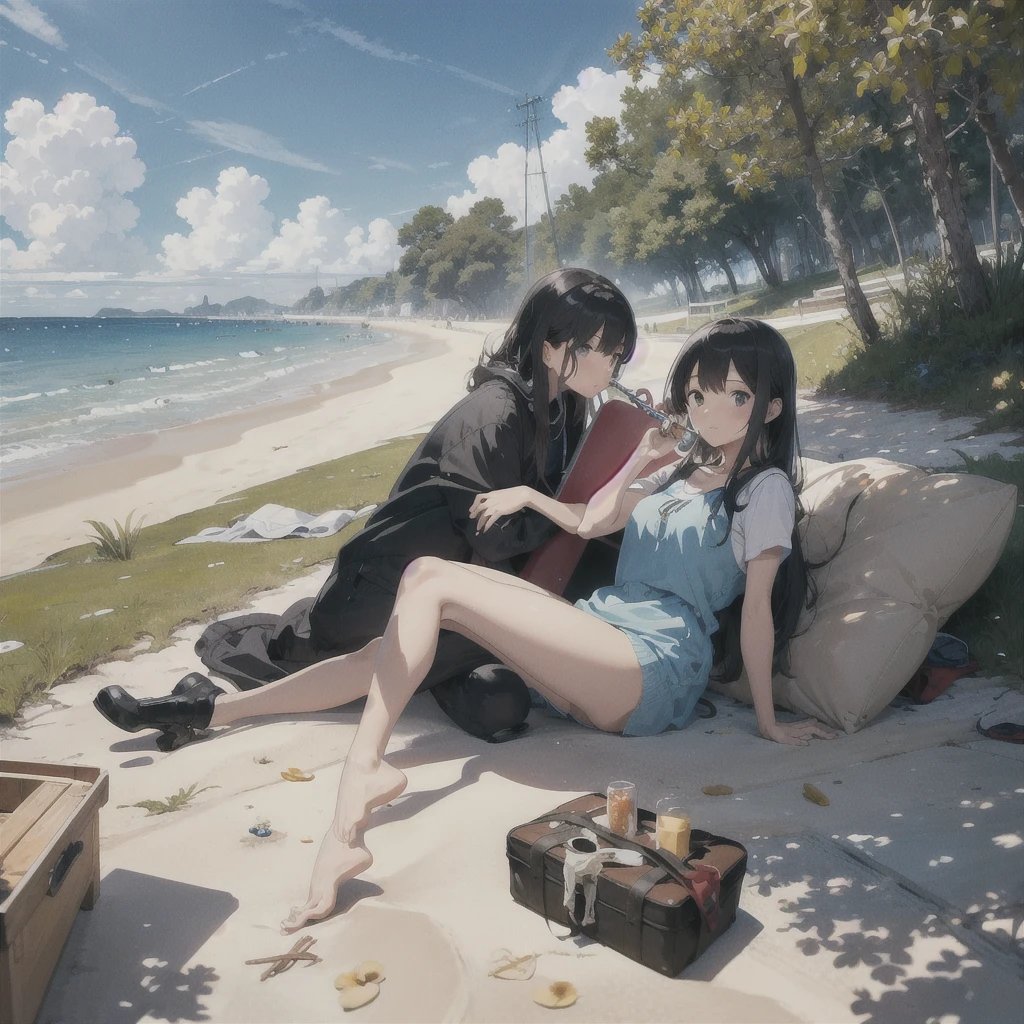 (masterpiece, top quality, best quality, official art, beautiful), At the beach, a trumpet,on the ground,no humans