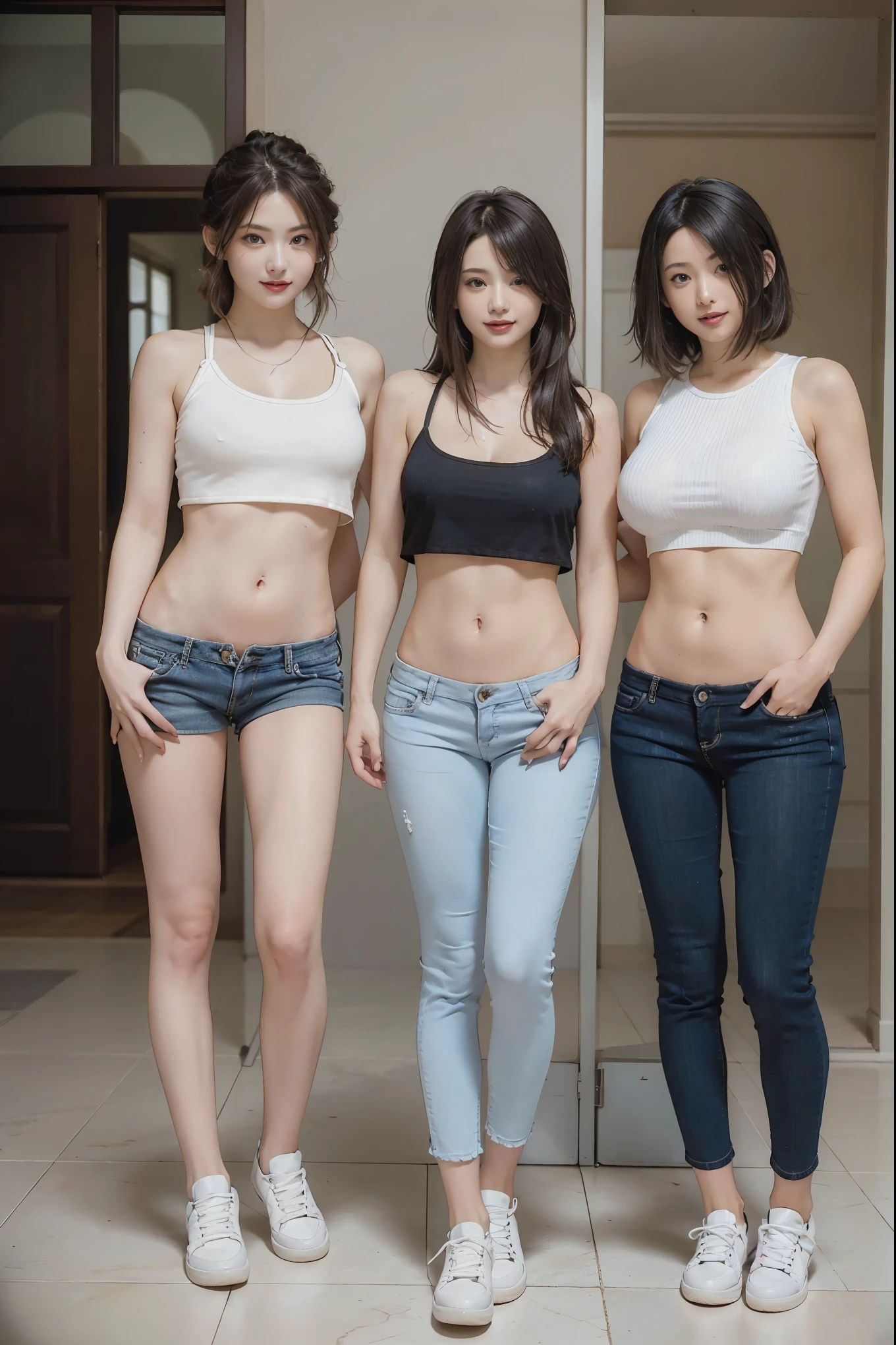 (Best Quality, Masterpiece, Photo realistic, Ultra Detailed, ultra high res, raw), (3 girls, group shot:1.3), pretty, Japanese, smile, bangs, double eyelids, (big breasts:1.3), (long hair| medium hair| short hair), (LowriseXL, LowwaistXL, groin), (cropped camisole), skinny jeans, navel, (sneaker, beautiful long legs, full body), main street, from below, (fashion model posing)