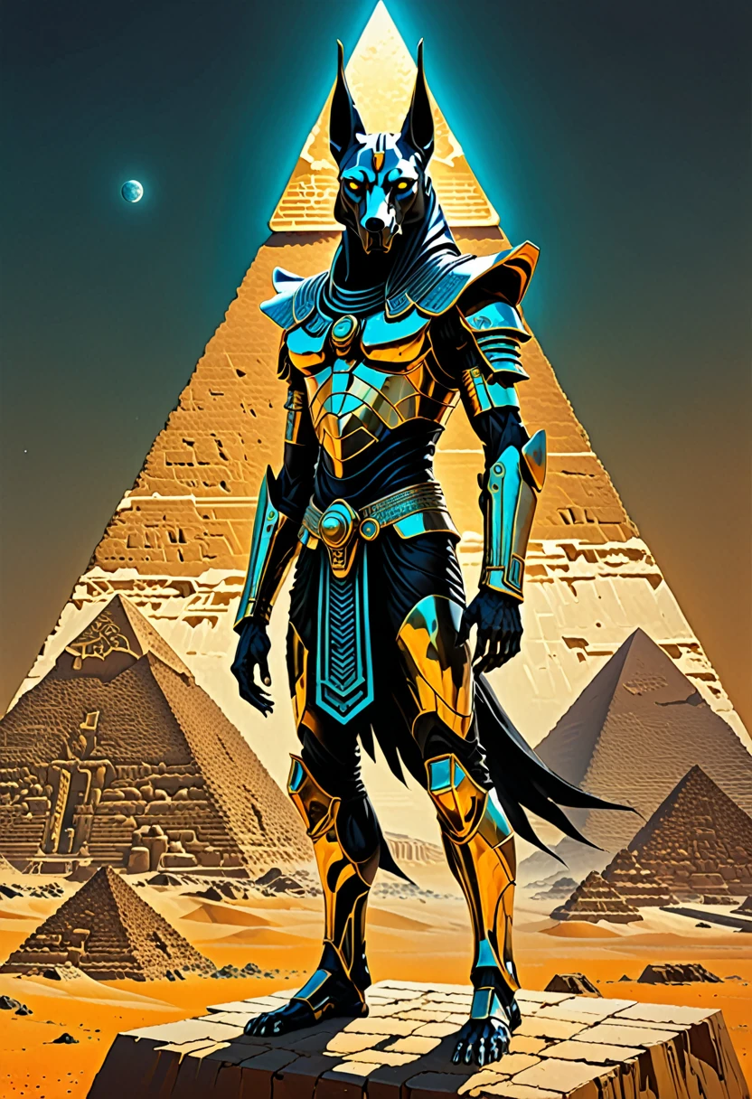 cyberpunk, futuristic egyptian anubis in biomechanical suit, double exposure superimposed on the horizon of the astral pyramid by Conrad Roset, Brandon Kidwell, Andreas Mentira, Dan Mountford, Inês Cecília, Jeremy Mann, oil and ink canvas, belas artes, super dramatic light, photoillustration, incredible depth, hiper-detalhado, luz neon suave iridescente, detalhes intrincados, incredible depth, atmosfera enevoada deslumbrante, Mesmerizing and vibrant scenery, maximalismo, obra-prima complexa do chefe de engenharia imediato,