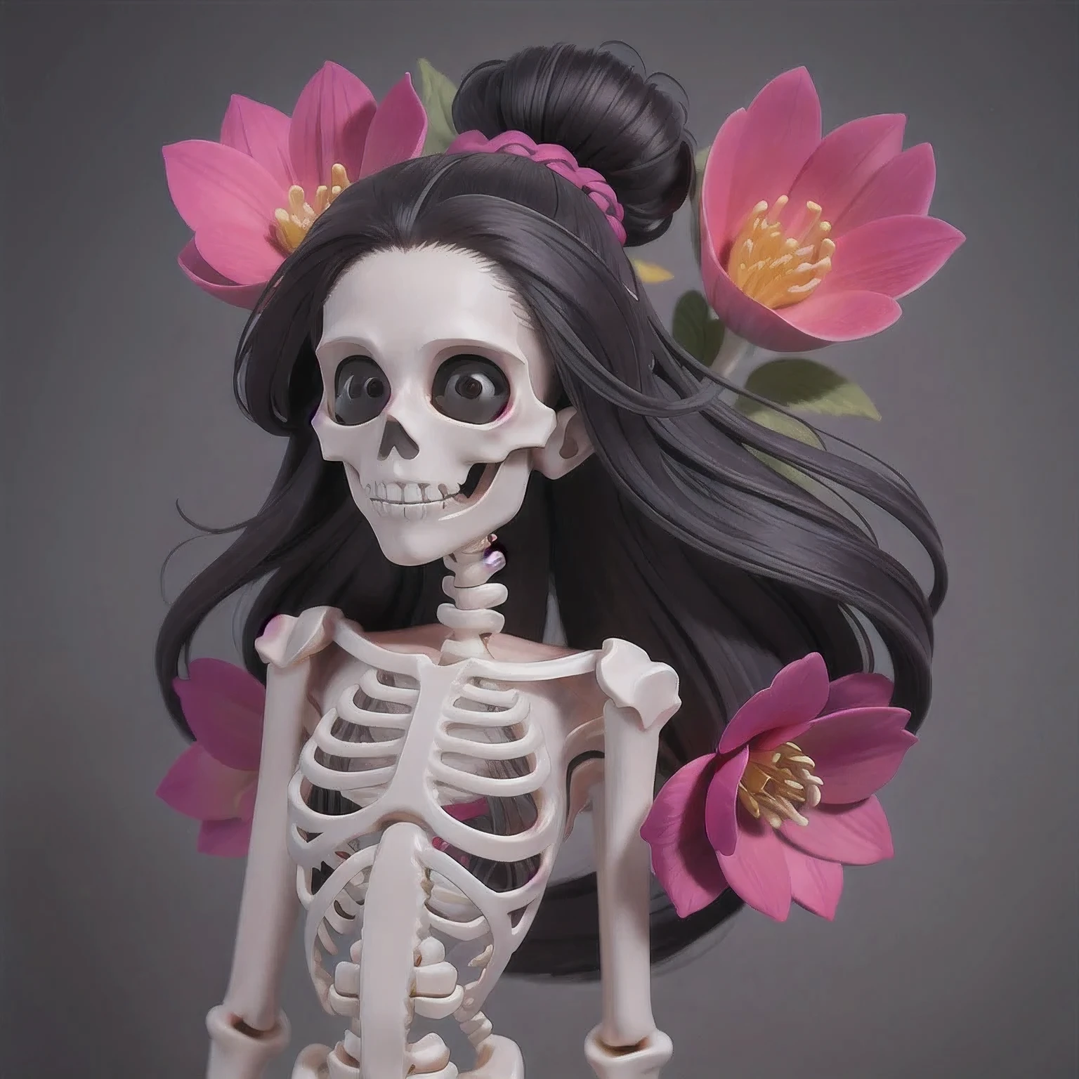 skeleton with flower in hair standing against grey background, anatomically correct skeleton, skeleton girl, skeleton, skelleton, skeletal, half woman half skeleton, anatomically accurate skeleton, thin skeleton, skull bones flowers, fleshy skeletal, titanium skeleton, cute skeleton, fleshy skeletal body, flowers grow from the body, human skeleton, female death, highly detailed skeleton