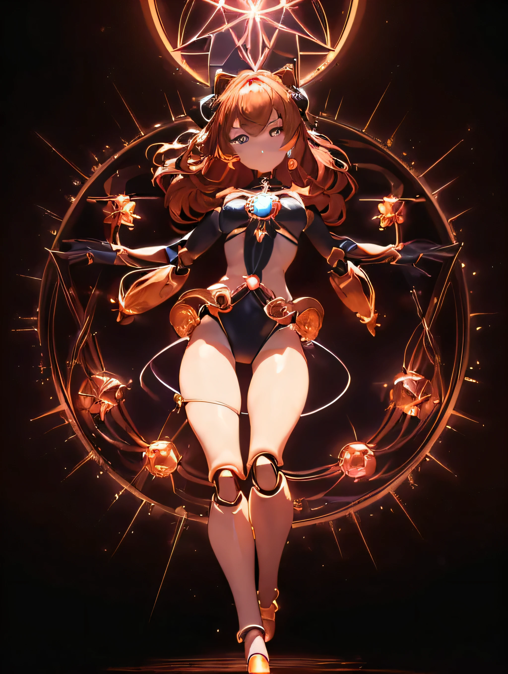 ((((Pyromancer Brilliant Beauty, Ultra High Definition))), 1girl, pose, standing, (((doll knees, doll elbows, ((doll joints:1.2, action figure limbs:1.2, segmented body))), [mechanical body], (segmented waist), (doll waist), (chestnut brown hair, wild bun:0.9)), long hair cut, pale skin, ((chestnut brown eyes)), ((glowing_eyes)), (((ultra detailed eyes:0.7, beautiful and detailed face, detailed eyes:0.9))), ((centered)), (wide shot), facing viewer, (((outdoors, moonlight, stars:0.9))), medium breasts, looking at viewer, ((half closed eyes)), ((perfect hands)), (((head:1, arms, hips in view, elbows, thighs, in view))), ((hands at sides)), lively eyes, beautiful lighting, outside, outdoors, background, ((defined subject)), 25 years old, (head tilt), (((cool))), ((lively)), (((high contrast)))