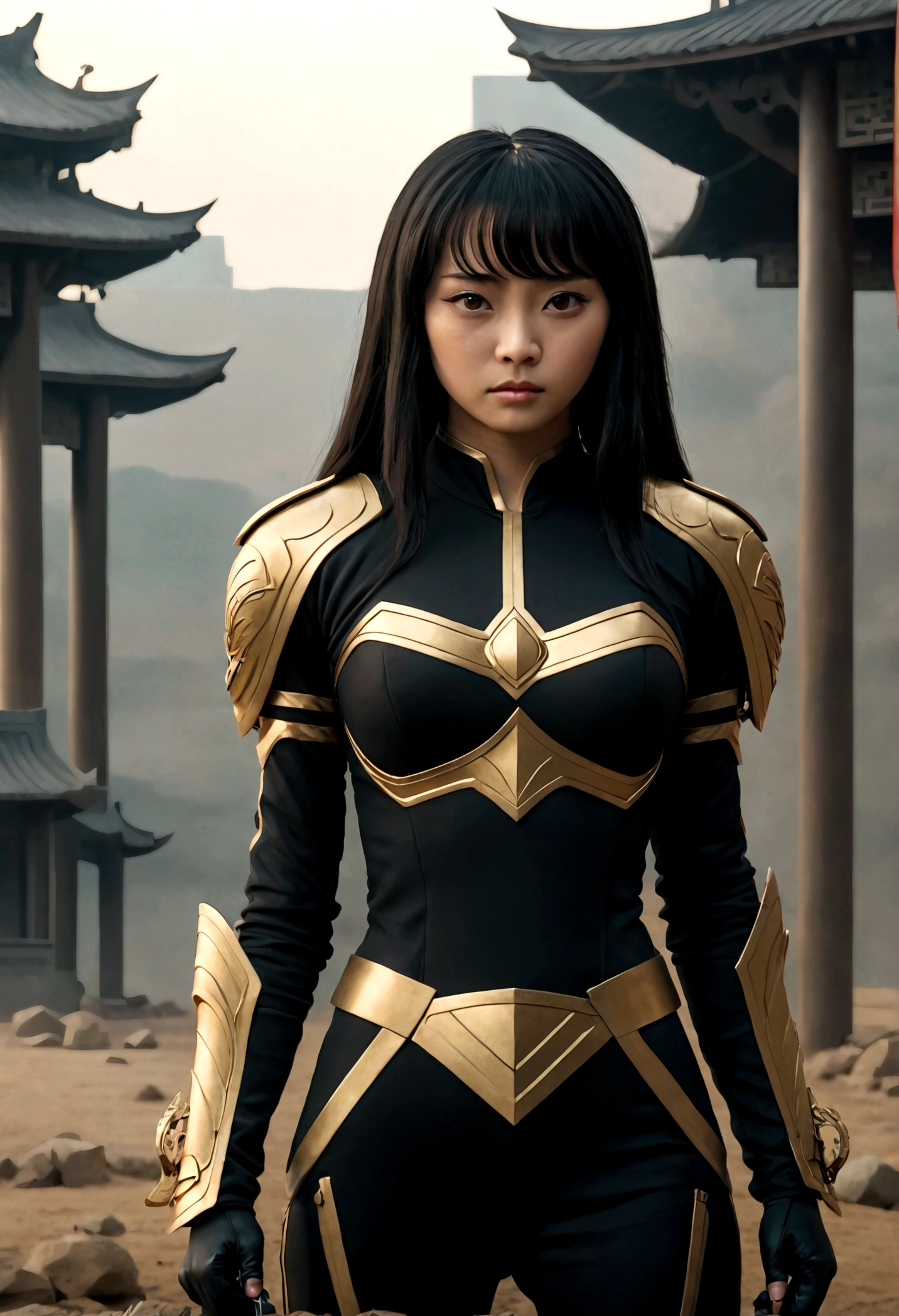 Beautiful Chinese woman in black and gold suit, holds a sword, Zhilei Xin as the main character, full body cinematic shot, "modern superhero costume", Chinese woman with bangs, courageous character, Kind, Brave, on the battlefield, DC вселенная