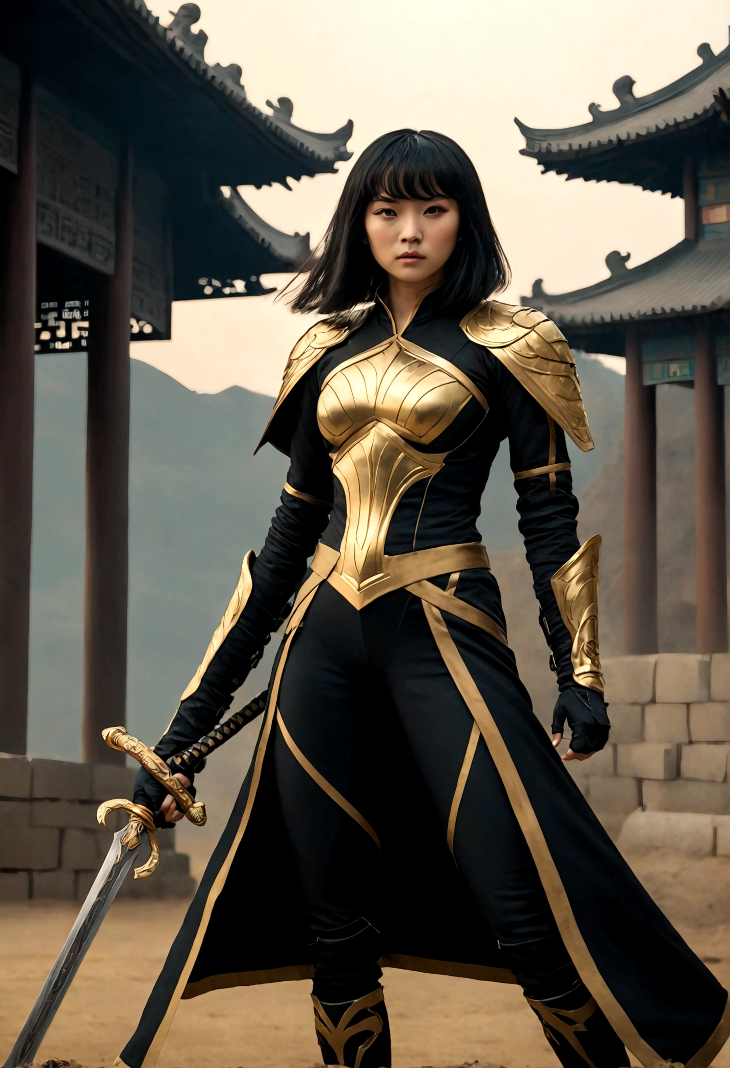 Beautiful Chinese woman in black and gold suit, holds a sword, Zhilei Xin as the main character, full body cinematic shot, "modern superhero costume", Chinese woman with bangs, courageous character, Kind, Brave, on the battlefield, DC вселенная