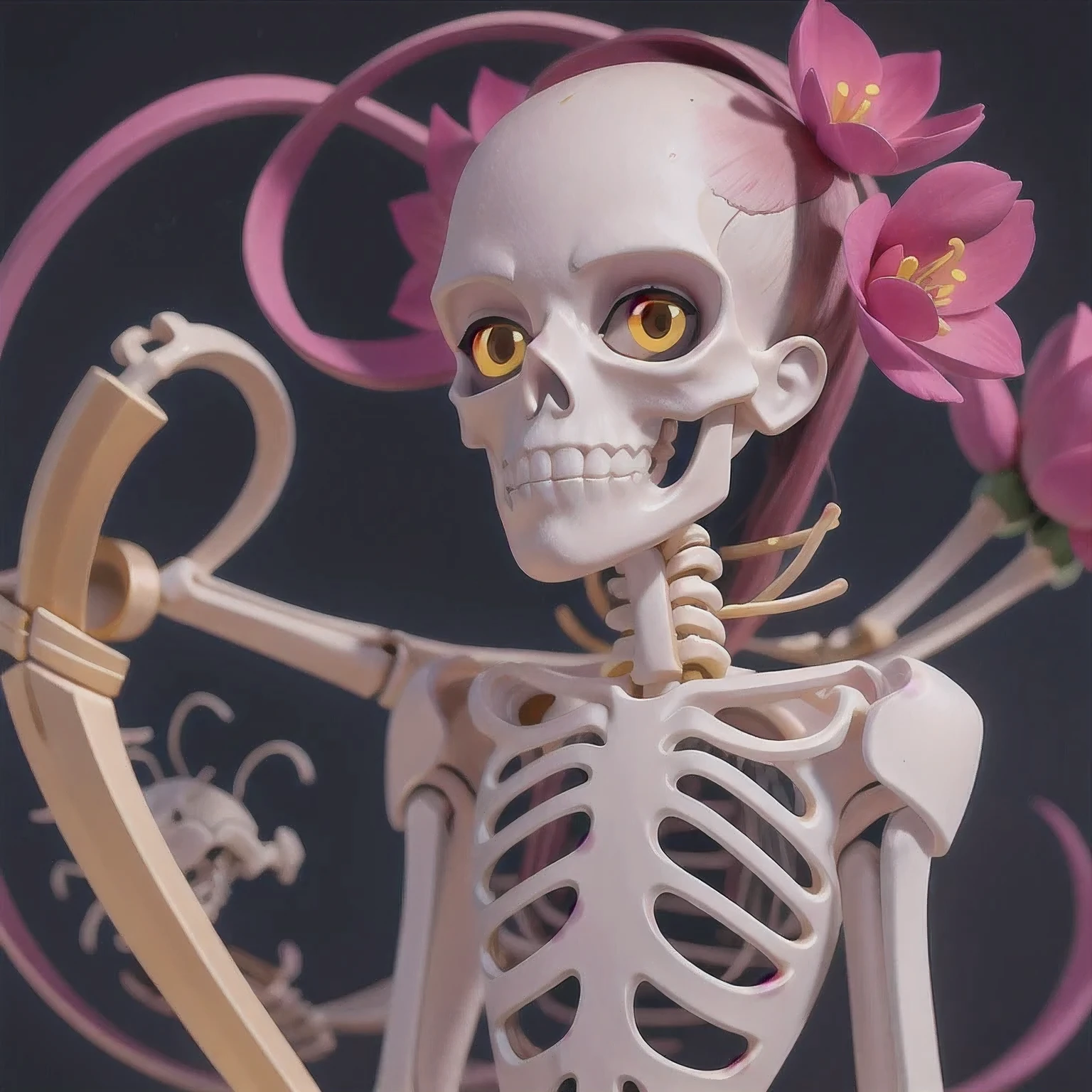 skeleton with flower in hair standing against grey background, anatomically correct skeleton, skeleton girl, skeleton, skelleton, skeletal, half woman half skeleton, anatomically accurate skeleton, thin skeleton, skull bones flowers, fleshy skeletal, titanium skeleton, cute skeleton, fleshy skeletal body, flowers grow from the body, human skeleton, female death, highly detailed skeleton