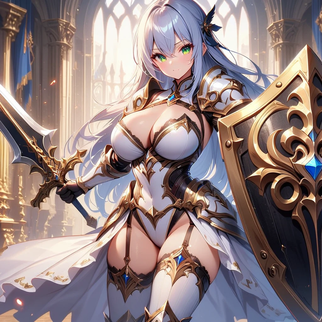 masterpiece,Highest quality, knight, Long Hair, Silver Hair, Green Eyes,((One girl)), (white_armor), Gold ornaments, sword, shield, ((holding sword)), ((Big Breasts)), Exposed abdomen, One girl, Cleavage, Exposing legs, ((shield-over_arm)), ((Perfect Face)),addition_detailed:1, addition_detailed:0, addition_detailed:0.5, ((Sword and shield))