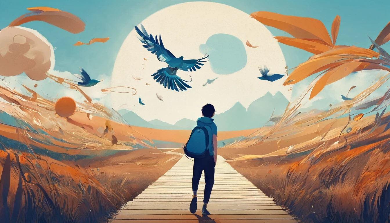 Create a professional, fantastic, cinematic Youtube Banner for a brand about music and stories called " Penamemoria". Masterpiece, 4k, sharp focus, highest quality,wide shot. The title is " Penamemoria". Is a brand about the creative, unique journey of a boy into becoming a musician storyteller. In his journey he finds inspiration in a world of birds and feathers. Minimalistic, simple, poetic, dreamy logotype at the center of the image. The Background image is a world full of fantastic feathers, unique birds, light blue sky, and a boy running happily into the horizon with an acoustic guitar in his right hand. Boy running against the wind, almost simulating like he is flying
