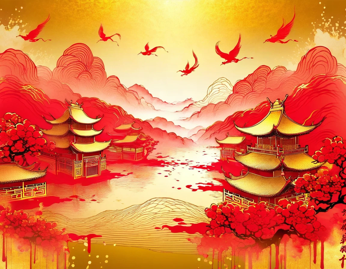 Golden ink, red paper,traditional Chinese New Year wallpaper，（ink splasting：0.4）