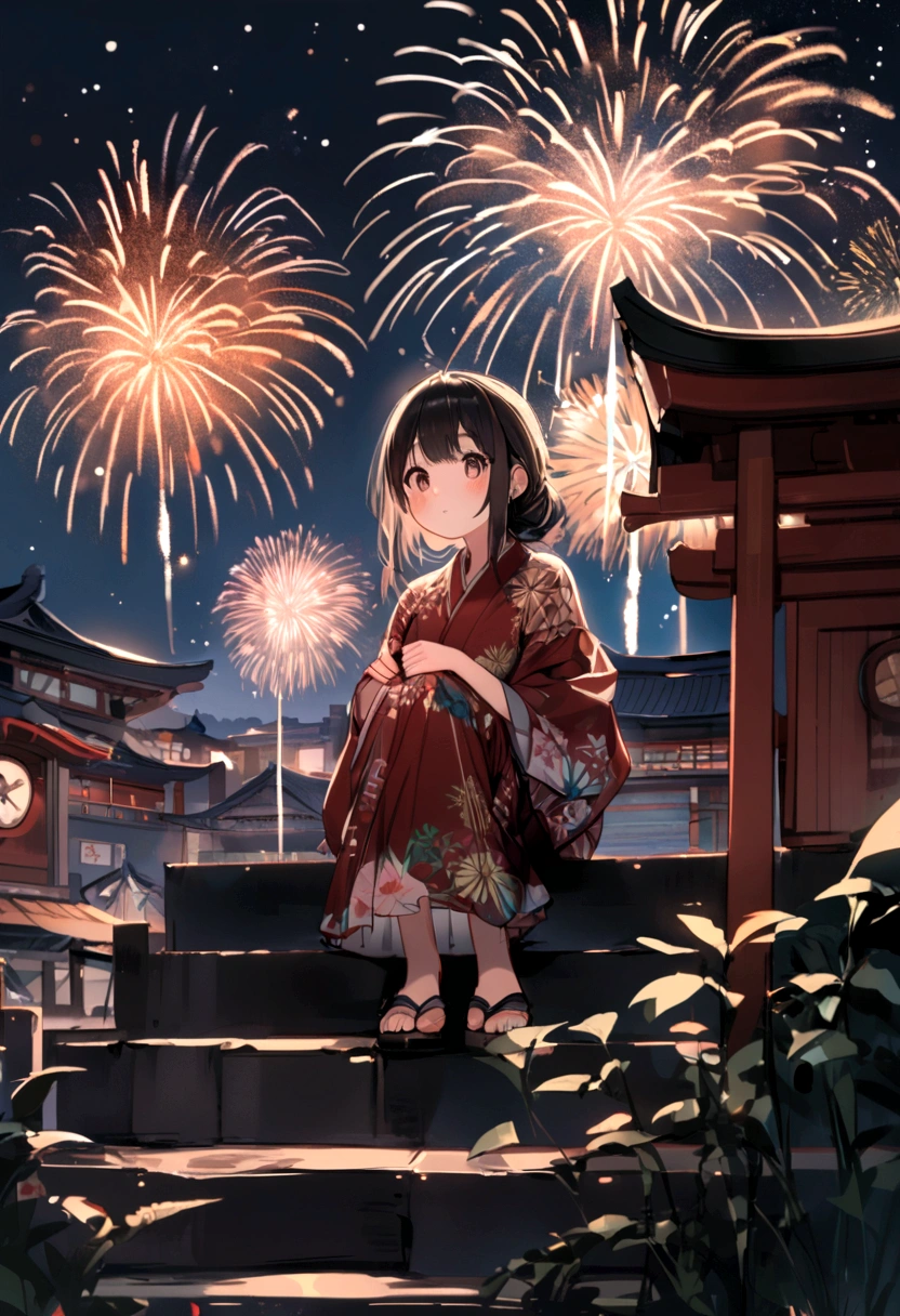 Starry Sky、Set off fireworks、A girl in a yukata sitting on the steps of a shrine watches the fireworks