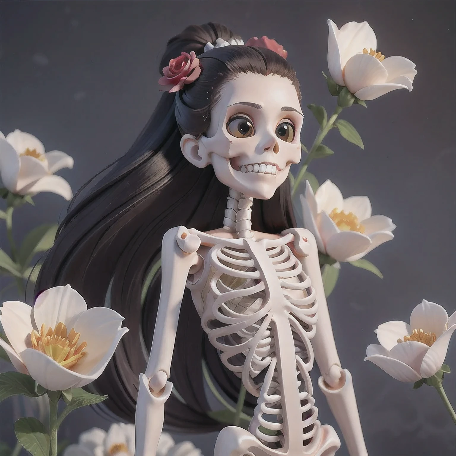 skeleton with flower in hair standing against grey background, anatomically correct skeleton, skeleton girl, skeleton, skelleton, skeletal, half woman half skeleton, anatomically accurate skeleton, thin skeleton, skull bones flowers, fleshy skeletal, titanium skeleton, cute skeleton, fleshy skeletal body, flowers grow from the body, human skeleton, female death, highly detailed skeleton