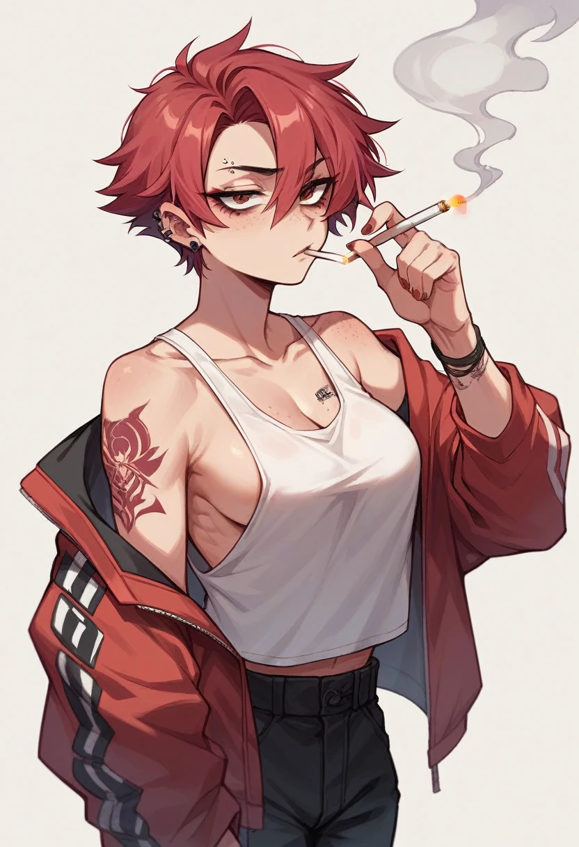 Crimson hair, black highlight in hair, short hair, tomboy, Japanese sleeve tattoo, neat ear piercings, thin tanktop, b cups, no bra, cigarette, streetwear, freckle on right boob