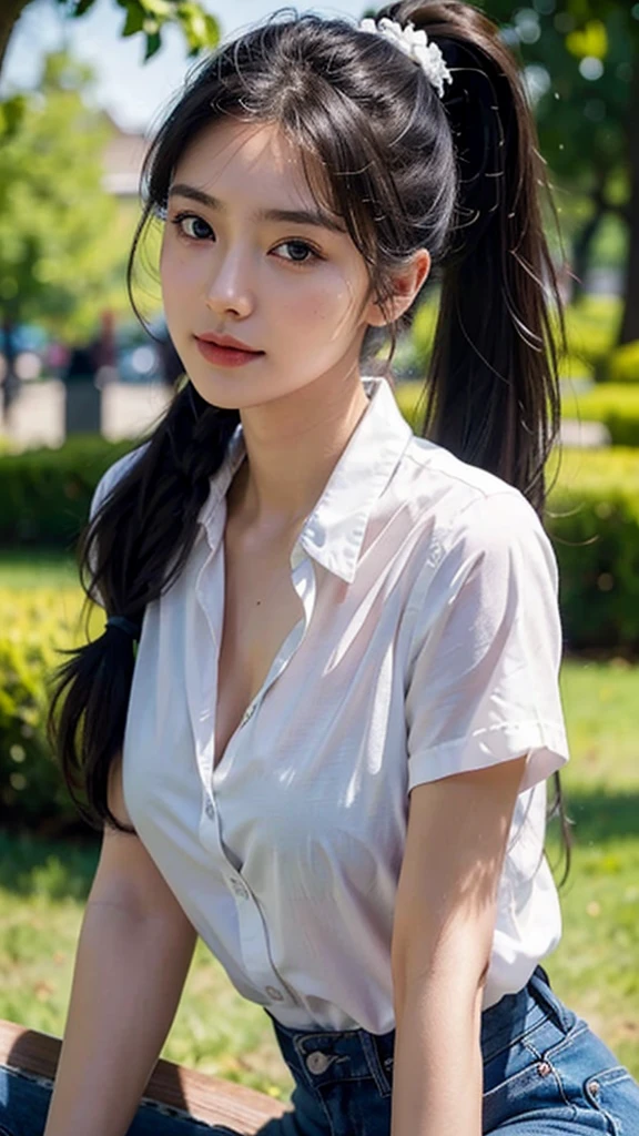 Black Bra、White collared shirt,jeans,outdoors,Urban Park,On the lawn,One woman,close up face,fully body photo,masutepiece, The highest image quality, High quality, the background is clear,Beautiful woman, Japanese, Detailed, Ultra-detailed, finely detail, hight resolution, 8K Wallpaper, Perfect dynamic composition, Beautiful detailed eyes ,Detailed eyes, Detailed skin, Beautiful skin, 超hight resolution, (reality: 1.4),Very beautiful woman, Slightly younger face, Beautiful skin, slender, (Ultra photo realsisim), (hight resolution), (8K), (Very detailed) (beautifully detailed eyes), (super detailed), (Detailed face), view the viewer, Fine details, Detailed face, Staring straight ahead, Staring straight ahead, photos realistic, Bright lighting, Professional Lighting, Black hair,poneyTail,a baby face,sixteen years old,Hairstyle: ponytail,Long ponytail hairstyle,slight smile,