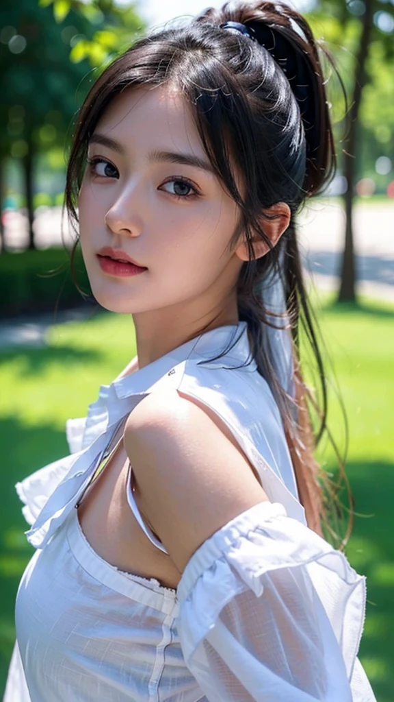 Black Bra、White collared shirt,jeans,outdoors,Urban Park,On the lawn,One woman,close up face,fully body photo,masutepiece, The highest image quality, High quality, the background is clear,Beautiful woman, Japanese, Detailed, Ultra-detailed, finely detail, hight resolution, 8K Wallpaper, Perfect dynamic composition, Beautiful detailed eyes ,Detailed eyes, Detailed skin, Beautiful skin, 超hight resolution, (reality: 1.4),Very beautiful woman, Slightly younger face, Beautiful skin, slender, (Ultra photo realsisim), (hight resolution), (8K), (Very detailed) (beautifully detailed eyes), (super detailed), (Detailed face), view the viewer, Fine details, Detailed face, Staring straight ahead, Staring straight ahead, photos realistic, Bright lighting, Professional Lighting, Black hair,poneyTail,a baby face,sixteen years old,Hairstyle: ponytail,Long ponytail hairstyle,slight smile,