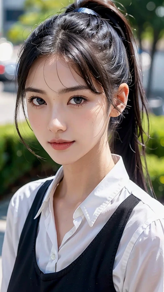 Black Bra、White collared shirt,jeans,outdoors,Urban Park,On the lawn,One woman,close up face,fully body photo,masutepiece, The highest image quality, High quality, the background is clear,Beautiful woman, Japanese, Detailed, Ultra-detailed, finely detail, hight resolution, 8K Wallpaper, Perfect dynamic composition, Beautiful detailed eyes ,Detailed eyes, Detailed skin, Beautiful skin, 超hight resolution, (reality: 1.4),Very beautiful woman, Slightly younger face, Beautiful skin, slender, (Ultra photo realsisim), (hight resolution), (8K), (Very detailed) (beautifully detailed eyes), (super detailed), (Detailed face), view the viewer, Fine details, Detailed face, Staring straight ahead, Staring straight ahead, photos realistic, Bright lighting, Professional Lighting, Black hair,poneyTail,a baby face,sixteen years old,Hairstyle: ponytail,Long ponytail hairstyle,slight smile,