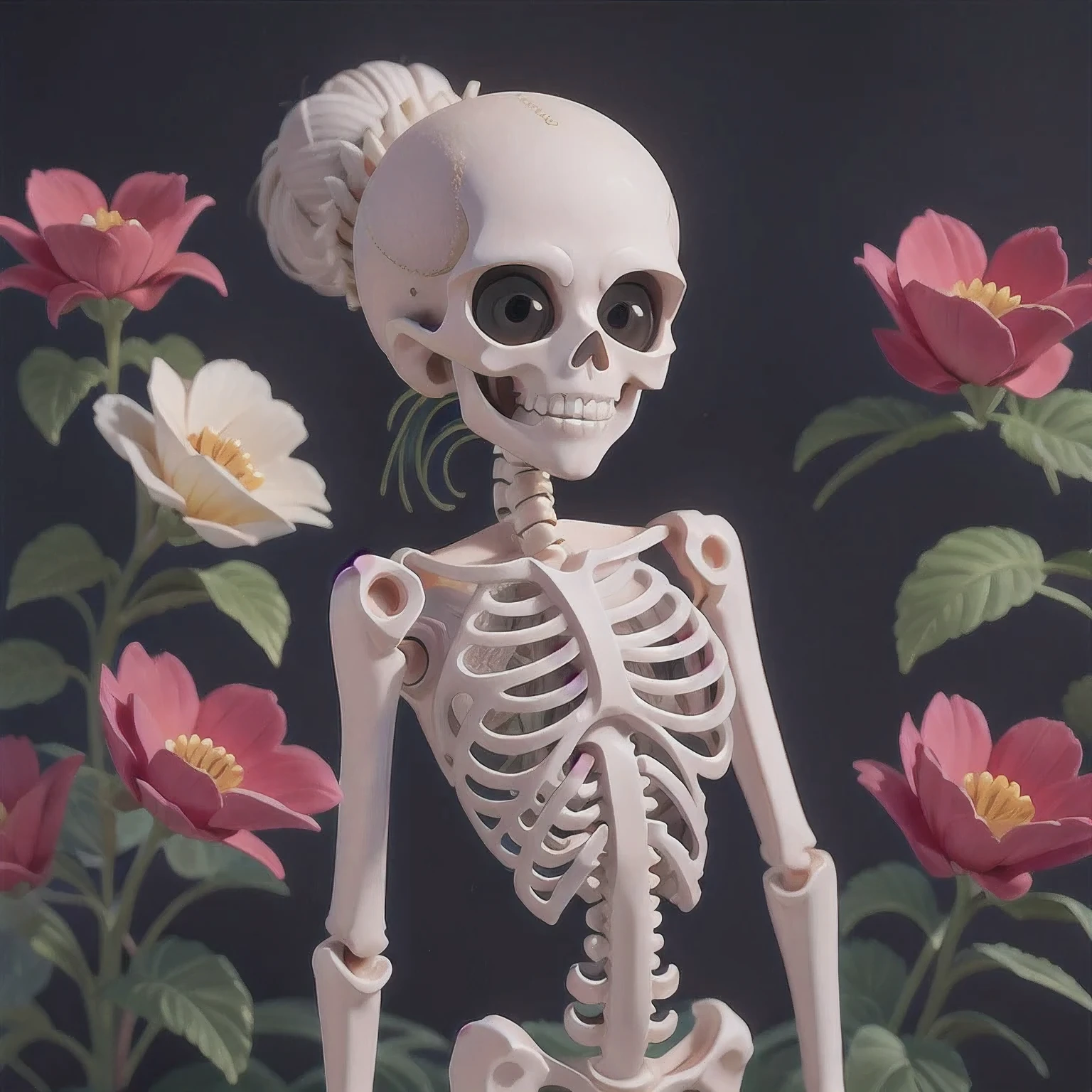 skeleton with flower in hair standing against grey background, anatomically correct skeleton, skeleton girl, skeleton, skelleton, skeletal, half woman half skeleton, anatomically accurate skeleton, thin skeleton, skull bones flowers, fleshy skeletal, titanium skeleton, cute skeleton, fleshy skeletal body, flowers grow from the body, human skeleton, female death, highly detailed skeleton