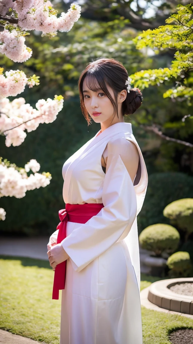 A beautiful muscular female bodybuilder with well-defined abs, biceps, and glutes, standing confidently in a traditional Japanese garden surrounded by sakura trees in full bloom, wearing a white kimono with a red obi sash, her hair styled in an elegant Japanese updo, direct gaze, dramatic lighting, cinematic composition, vivid colors, photorealistic, masterpiece