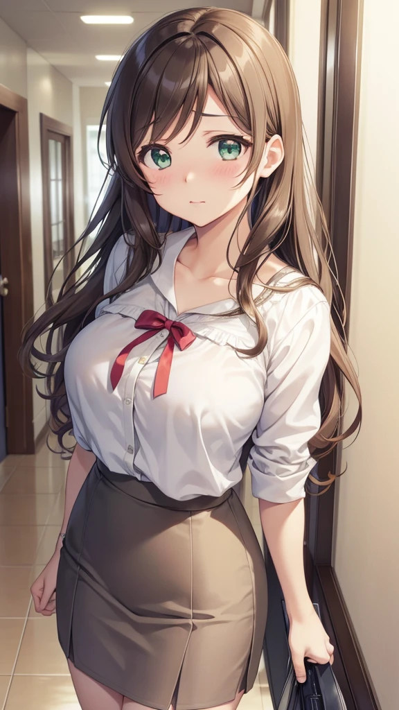 nozomitoujou, nozomi toujou, green eyes, brown hair, curly hair, large breasts, masterpiece, best quality, high resolution, beautiful detailed eyes, extremely detailed face, good lighting, detailed CG, messy hair, school, hallway, white blouse, grey pencil skirt, worried, upset, arm towards viewer